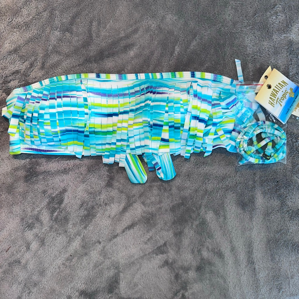 NOS Women's Medium Hawaiian Tropic Fringe Bandeau Bathing Suit Top Aqua/White/Yw